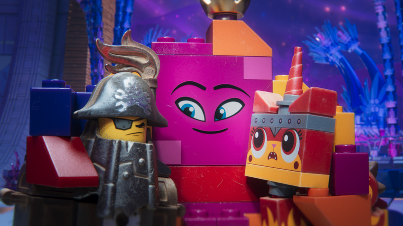 MetalBeard, Queen Watevra Wa’Nabi. and Ultrakatty share a moment in The Lego Movie 2.